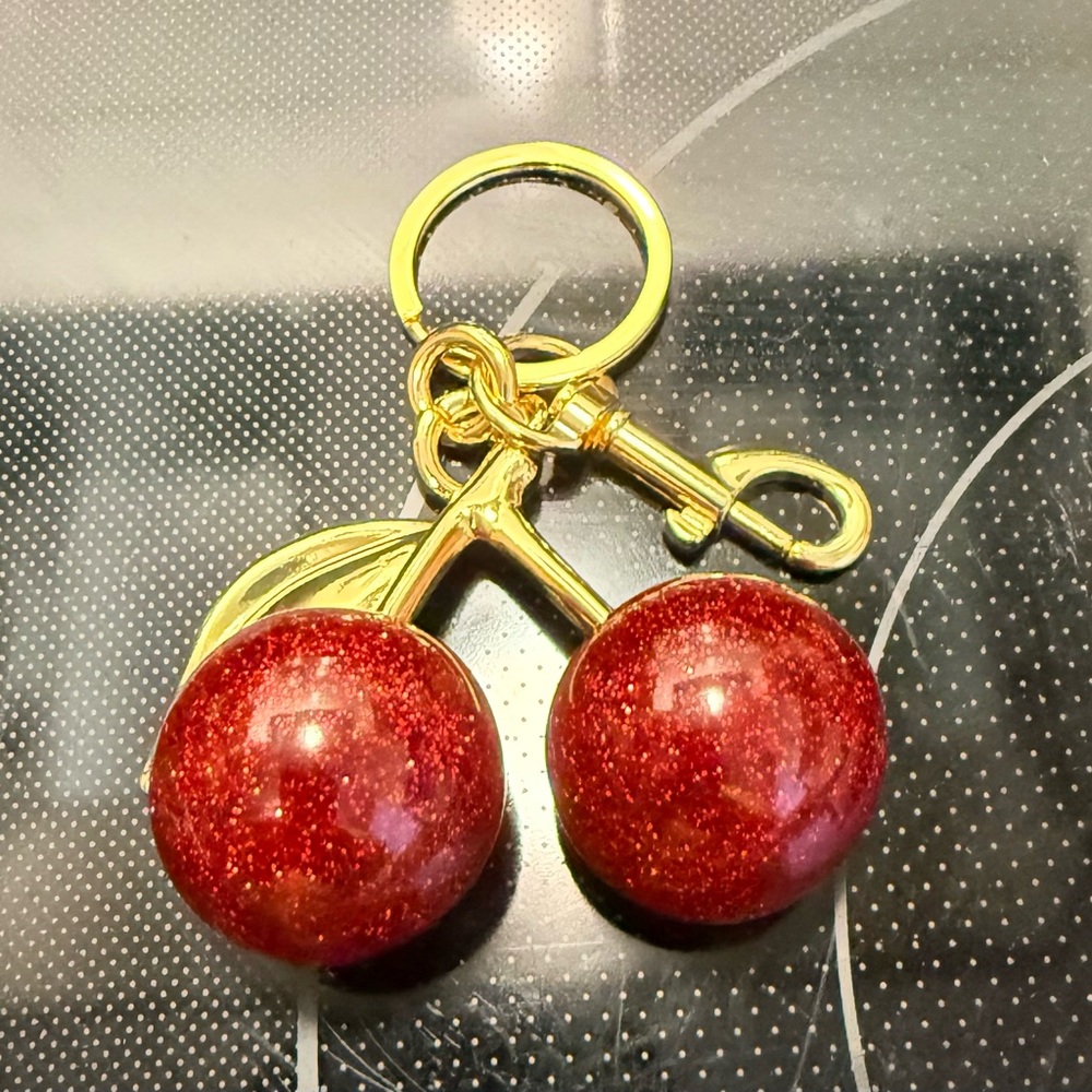 Cherry Sparkle Bag Charm/Key Chain with Gold Accents.  NWOT